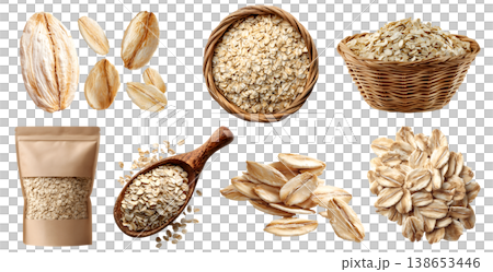 Set of rolled oats flakes grains groats, rattan basket, wooden spoon, craft pouch, fly stack pile, transparent cutout PNG. mockup for design 138653446
