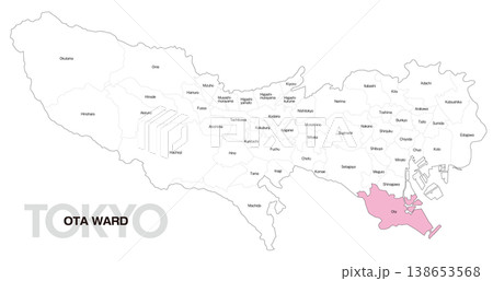 [日本地図] 東京都大田区の市区町村名入り位置地図 138653568