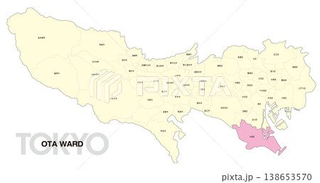 [日本地図] 東京都大田区の市区町村名入り位置地図 138653570