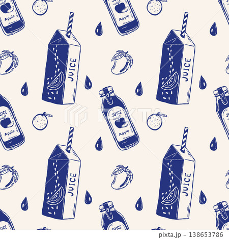 Seamless juice carton pattern with fruit packaging and beverage elements Seamless juice carton pattern with fruit packaging and beverage elements 138653786