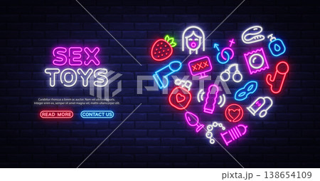 Colorful neon composition with adult accessories icons forming a glowing circle on a brick wall. Stylish vector design for erotic boutique advertising or website header. Colorful neon composition with adult accessories icons forming a glowing circle on a brick wall. Stylish vector design for erotic boutique advertising or website header. 138654109