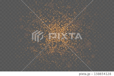 Gold glitter particles. Burst with warm bokeh glow. Sparkling dust explosion isolated on transparent background. Festive luxury confetti effect for celebration design. Vector illustration 138654128
