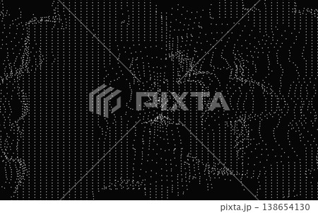 Glitch CRT texture. Dotted noise with wave shapes on black background. Digital distortion and data signal effect. Cyber tech error texture. Damaged overlay video template. Vector illustration 138654130