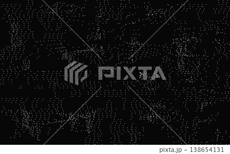 Abstract glitch background with CRT scanlines. Dotted distortion with digital noise on black backdrop. Cyber data error texture. Retro signal interference design. Vector illustration 138654131