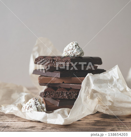 Stack of various chocolate bars including aerated dark and milk chocolate paired with gourmet truffles on parchment paper 138654203