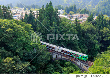 新緑に包まれた夏の大谷川橋梁を渡る只見線の臨時列車 新緑に包まれた夏の大谷川橋梁を渡る只見線の臨時列車 138654222