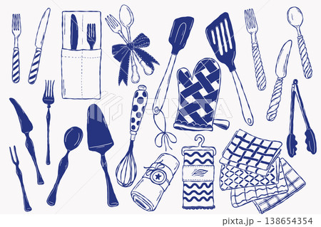 Kitchen utensils set with tools textiles and cutlery hand drawn style 138654354