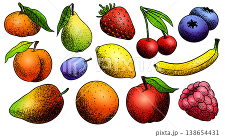 Fresh fruits drawing in dot work style. Colourful illustration for modern usage. Mango and Fresh fruits drawing in dot work style. Colourful illustration for modern usage. Mango and 138654431
