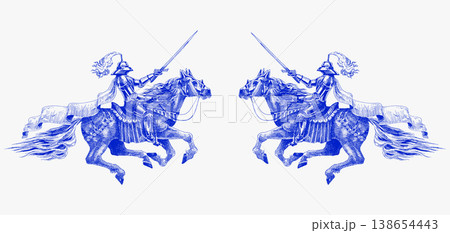 Medieval armoured knight horseback with a sword facing towards. Barded horse jumping in full armour 138654443