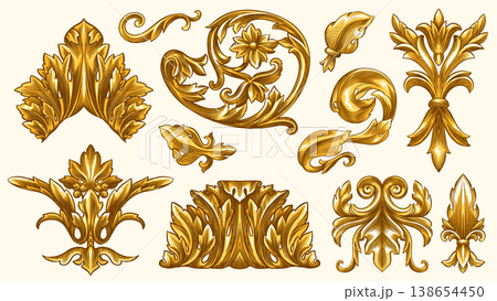 Vintage Baroque or renaissance hand drawn Victorian set of ornament floral elements engraved retro Vintage Baroque or renaissance hand drawn Victorian set of ornament floral elements engraved retro 138654450