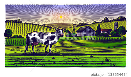 A cow on a Rustic meadow hand drawn village landscape illustration with fields. Beautiful scentic A cow on a Rustic meadow hand drawn village landscape illustration with fields. Beautiful scentic 138654454