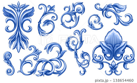 Vintage Baroque or renaissance hand drawn Victorian set of ornament floral elements engraved retro 138654460