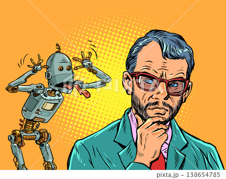 Pop Art Retro Conflict between humans and AI. Artificial intelligence teases humans. Competition between employees and machines. Pop Art Retro Conflict between humans and AI. Artificial intelligence teases humans. Competition between employees and machines. 138654785