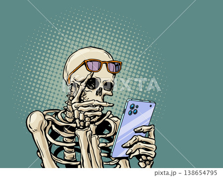 Pop Art Retro Skeleton with glasses using phone. Influence of social networks and media. Halloween invitation funny. Pop Art Retro Skeleton with glasses using phone. Influence of social networks and media. Halloween invitation funny. 138654795
