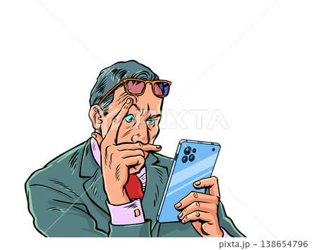 Pop Art Retro A man in a suit reads his phone in surprise. Sudden variables affecting business. An analyst tries to build a plan. Pop Art Retro A man in a suit reads his phone in surprise. Sudden variables affecting business. An analyst tries to build a plan. 138654796