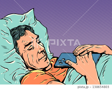 Pop Art Retro A man sleeps with a phone. Client anticipation and peace. Online data security on a mobile phone. 138654803