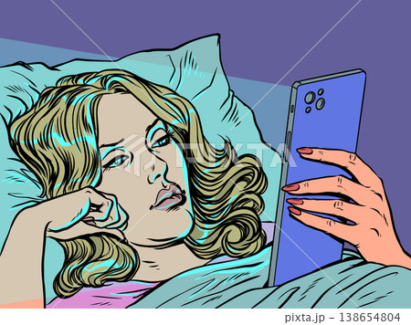 Pop Art Retro A woman in bed staring at her phone. Technology and internet addiction. Special offers and promotions for clients. 138654804