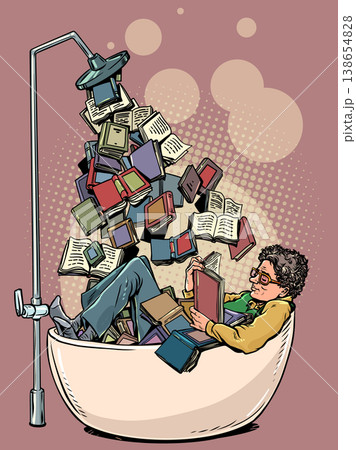 Pop Art Retro A person is awash in books. A wide range of books and knowledge. A student learns new things. Pop Art Retro A person is awash in books. A wide range of books and knowledge. A student learns new things. 138654828