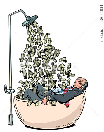Pop Art Retro A wealthy businessman in a bathtub. Money pouring down from above. Success for his business and company. Pop Art Retro A wealthy businessman in a bathtub. Money pouring down from above. Success for his business and company. 138654831