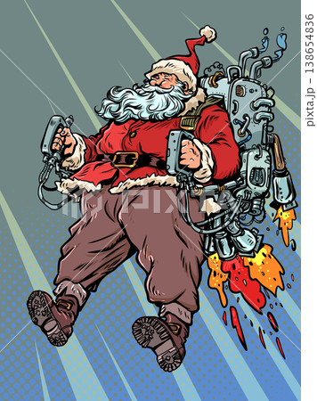 Pop Art Retro Santa Claus flies on his backpack. New Year and Christmas are approaching with Santa Claus. Discounts on New Year's holidays and gifts. 138654836