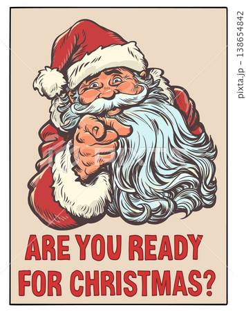 Pop Art Retro Santa Claus points. Santa Claus is happy about the coming New Year. Special offers for customers during the holidays. 138654842
