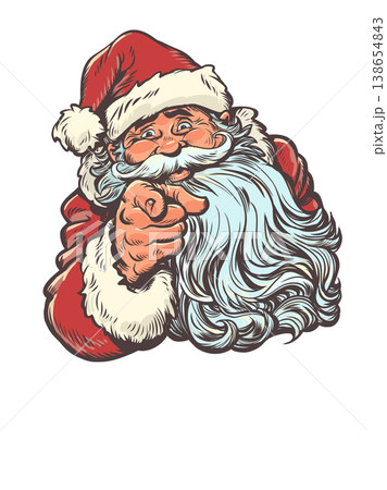 Pop Art Retro Santa Claus points. Santa Claus is happy about the coming New Year. Special offers for customers during the holidays. 138654843