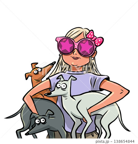 Pop Art Retro A girl with dogs. Offers for dog owners at pet stores. Pet-friendly cafes and restaurants. 138654844
