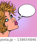 Pop Art Retro A surprised woman speaks into a speech bubble. Message for business clients. Answering a question. 138654846