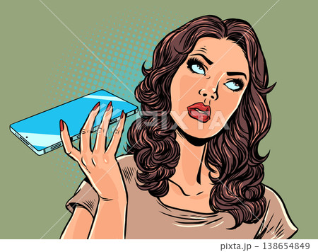 Pop Art Retro A disgruntled woman talking on the phone. Scam calls. Protecting personal data on your mobile phone. 138654849