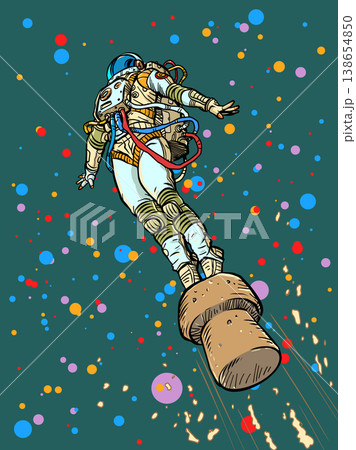 Pop Art Retro The cork flies up. An astronaut flies into space on a bottle cap. Celebrating an international holiday. Pop Art Retro The cork flies up. An astronaut flies into space on a bottle cap. Celebrating an international holiday. 138654850