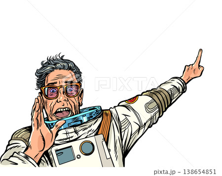 Pop Art Retro An astronaut points. A message about incredible discounts. An announcement for customers. Pop Art Retro An astronaut points. A message about incredible discounts. An announcement for customers. 138654851