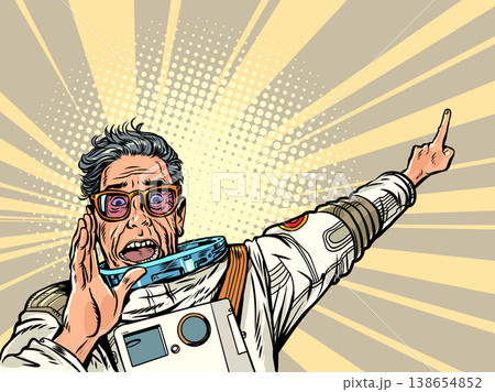 Pop Art Retro An astronaut points. A message about incredible discounts. An announcement for customers. 138654852