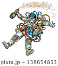 Pop Art Retro Opening a bottle of champagne. Astronaut celebrating a fun holiday. International holiday festival. 138654853