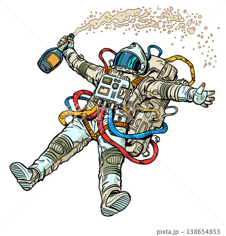 Pop Art Retro Opening a bottle of champagne. Astronaut celebrating a fun holiday. International holiday festival. 138654853
