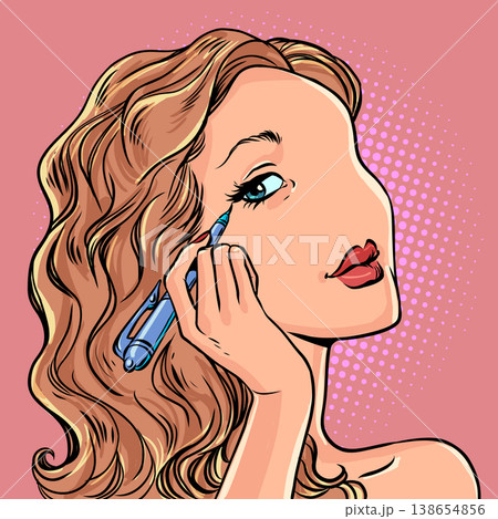 Pop Art Retro A woman paints her eyes. Beauty care products. Creating your own look. 138654856
