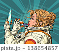Pop Art Retro Astronaut woman with lipstick. Universal global beauty. Space discounts at beauty salons. 138654857