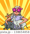 Pop Art Retro A girl with dogs. Offers for dog owners at pet stores. Pet-friendly cafes and restaurants. 138654858
