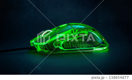 ナイトモードの背景でネオングリーンの透明マウスが映える商品写真 138654877
