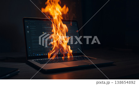 暗いデスクのノートパソコン画面が燃え上がるネット炎上の象徴 138654892