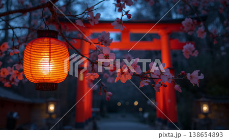 朱の鳥居を背景に桜の提灯が静かな薄暮に灯る 朱の鳥居を背景に桜の提灯が静かな薄暮に灯る 138654893