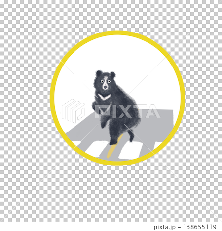 An illustration of a bear crossing a pedestrian crossing in a yellow circular frame (wildlife/road scene) 138655119