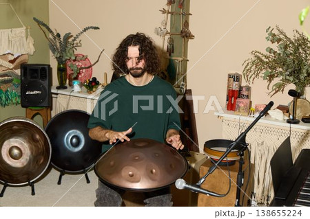 Handpan and microphone recording in inviting studio space Handpan and microphone recording in inviting studio space 138655224