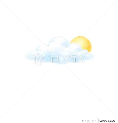 水彩の雲と太陽のイラスト 手書き風 空と天気素材 138655330