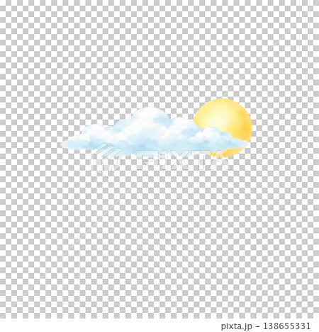 Watercolor illustration of clouds and sun, hand-drawn style, sky background. 138655331