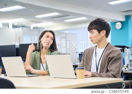 フリーアドレスのオフィスで並んでPC作業中に考え事をするビジネスウーマン 138655549