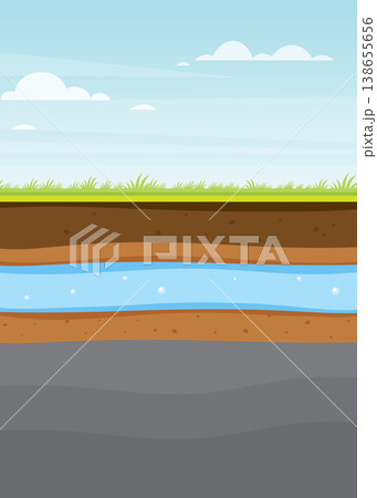 Cross section of underground soil layers with water stock illustration. 138655656