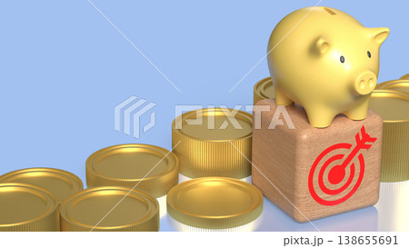 Golden Piggy Bank on Growth Coins Financial Investment Concept 3d render. Golden Piggy Bank on Growth Coins Financial Investment Concept 3d render. 138655691