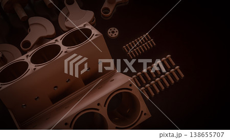 Engine Cylinder Block And Pistons Mechanical Parts 3d render. Engine Cylinder Block And Pistons Mechanical Parts 3d render. 138655707