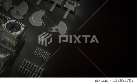 Shiny Engine Cylinder Block And Pistons Mechanical Parts 3d render. 138655708