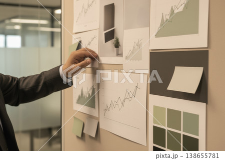 Business planning board with charts and color swatches for strategy review Business planning board with charts and color swatches for strategy review 138655781